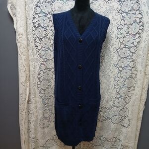 WinterSilks Womens Long Navy Blue Cable Knit Cardigan Sweater Medium Cotton